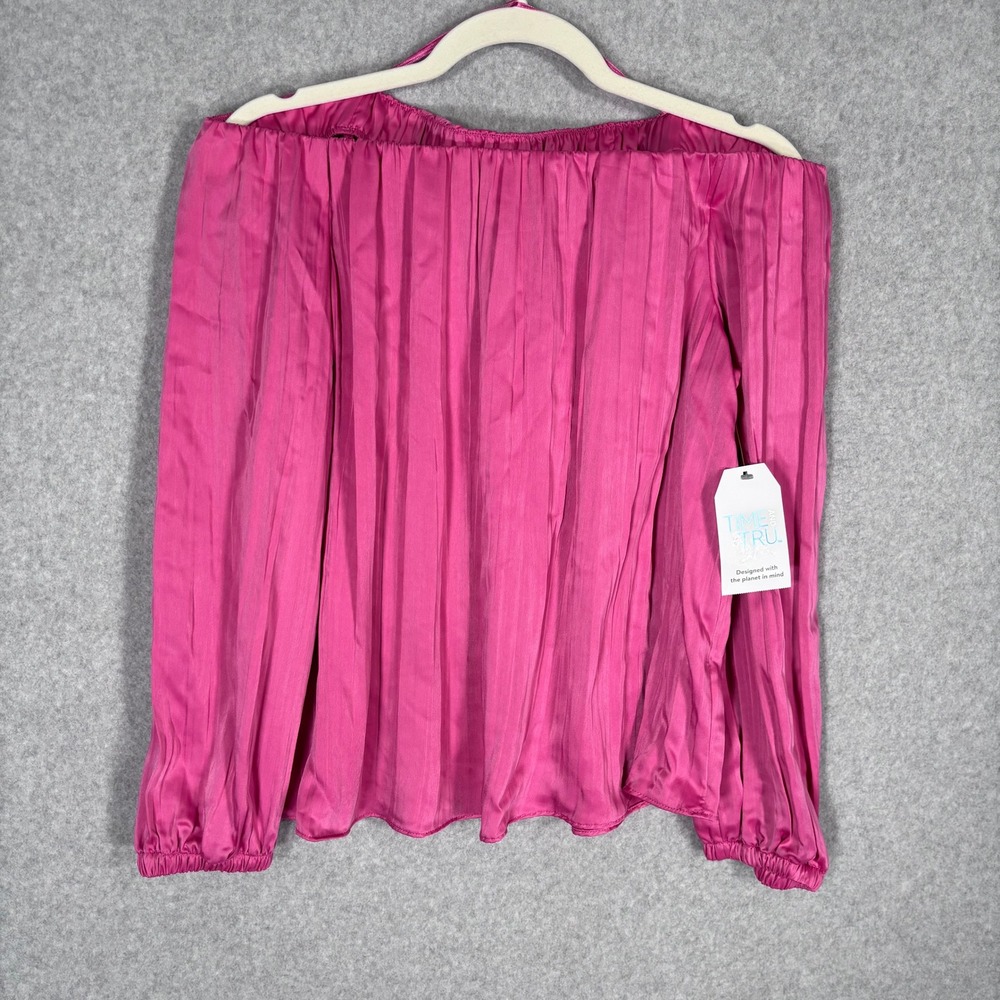 Satin Off The Shoulder Pleated Blouse Medium Pink Long Sleeve Coquette Feminine